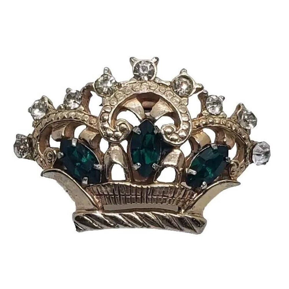 Vintage Fur Clip Crown Royalty Rhinestones Gold Wash High End 1950s